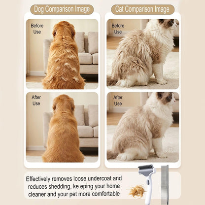 White pet grooming rake showing the easy one button cleaning mechanism