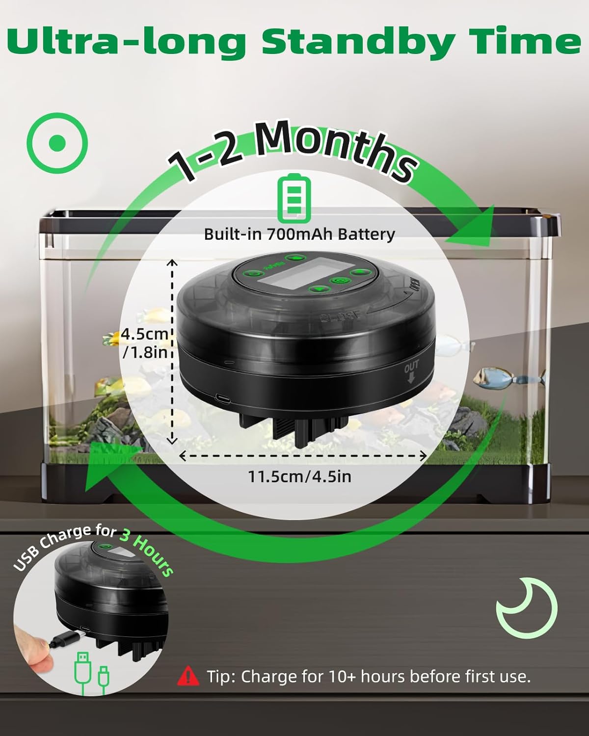 Rechargeable automatic fish food dispenser installed on a modern aquarium