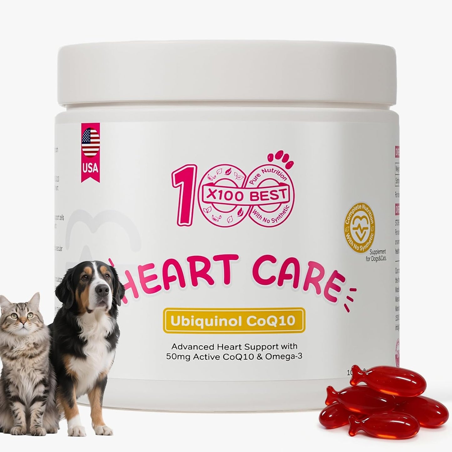 X100BEST heart supplement for dogs and cats front bottle view showing premium cardiac support softgels