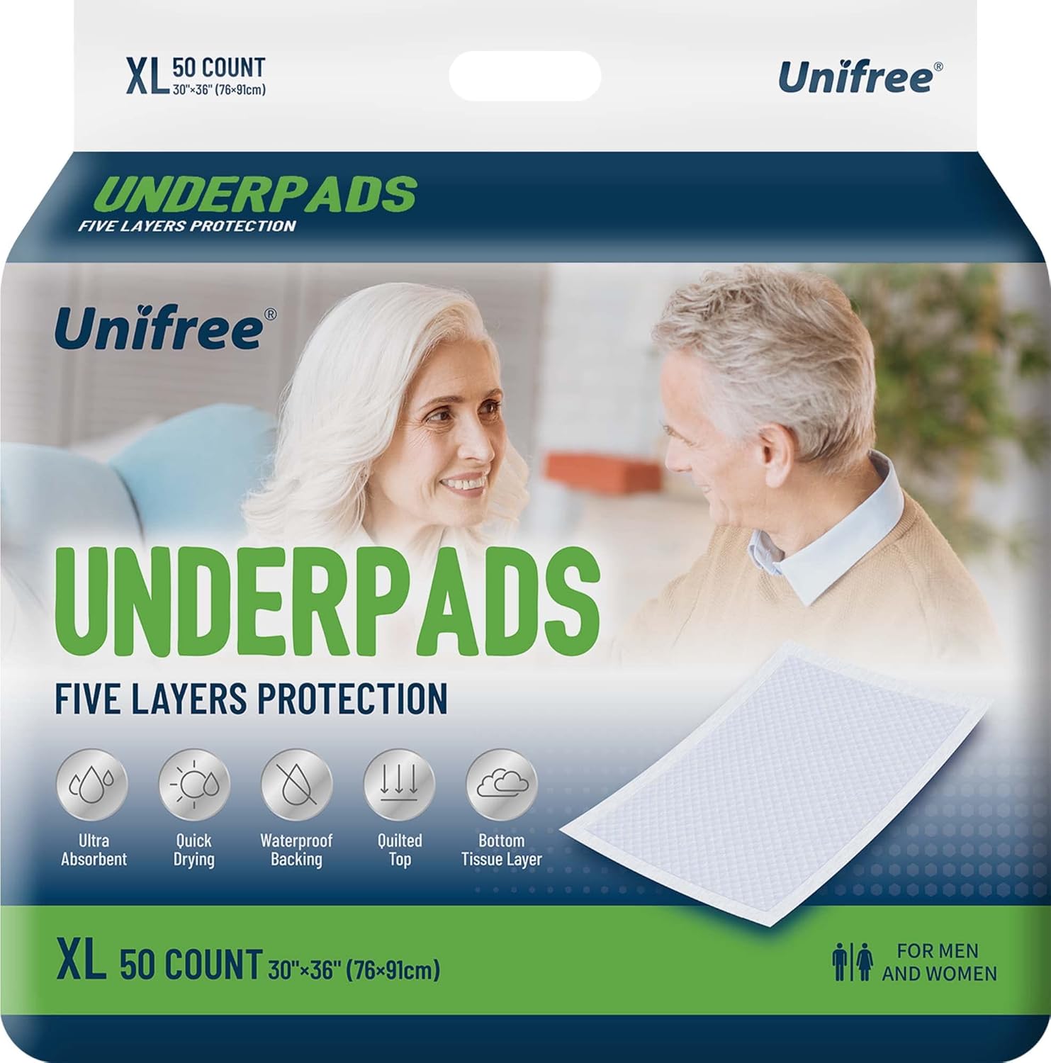 Unifree disposable underpads 50 count front view packaging