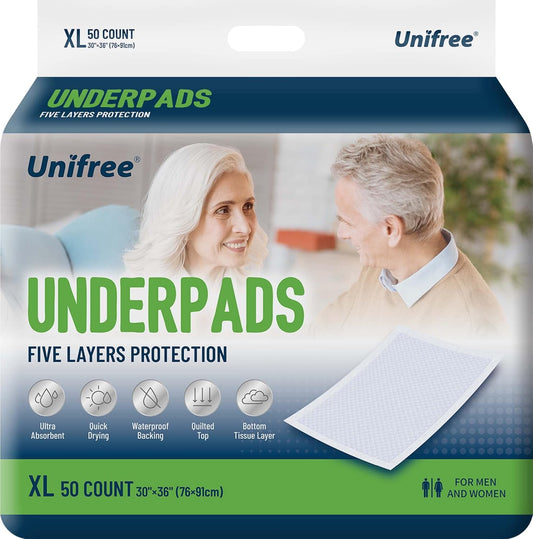 Unifree disposable underpads 50 count front view packaging