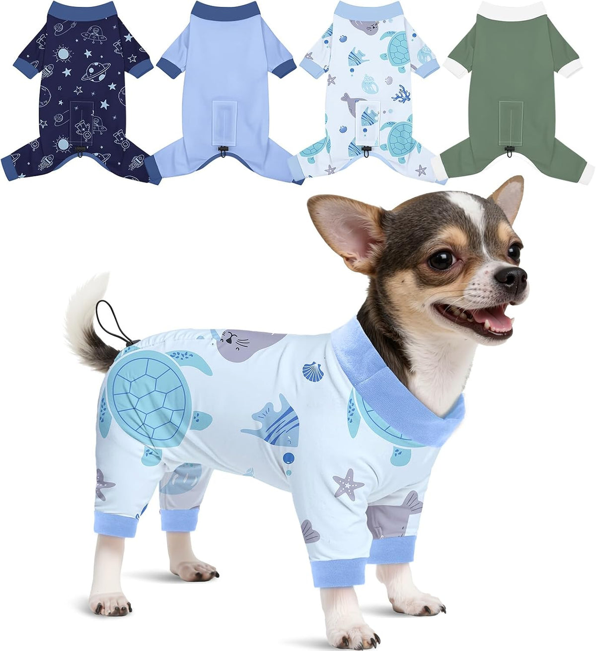 Glittme 4 pack dog pajamas front view on a small breed puppy.