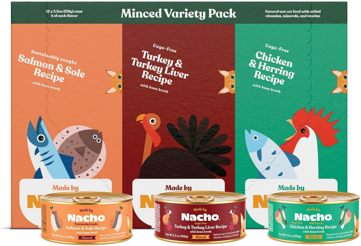 Single can of Made By Nacho salmon and sole cat food