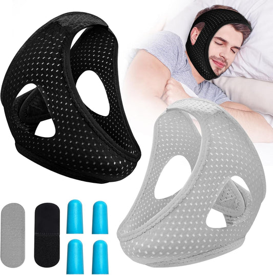 QOKJEK Anti Snoring Chin Strap front view showing adjustable blue mesh design.