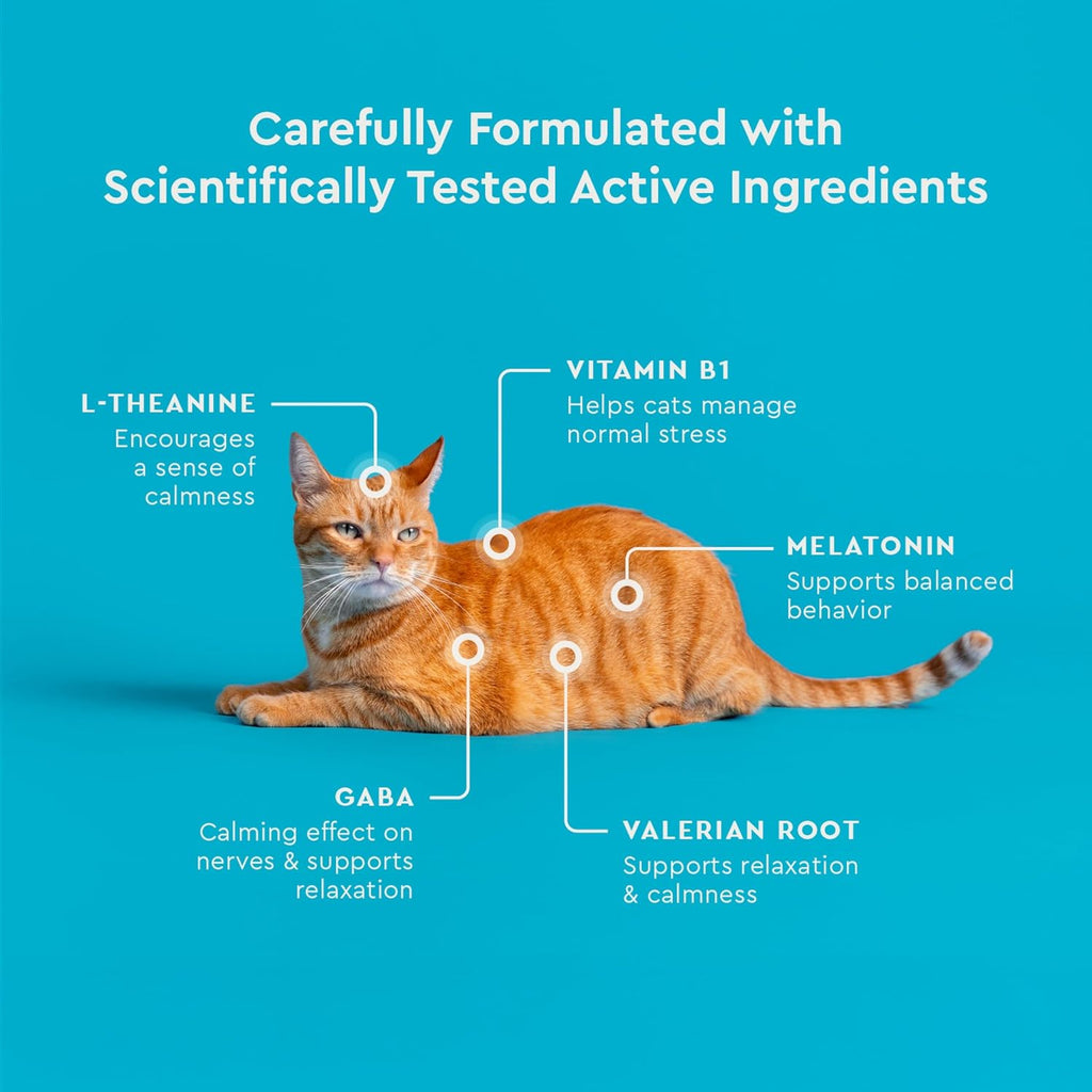 VetIQ natural calming health chews showing feeding guidelines per pound of cat weight