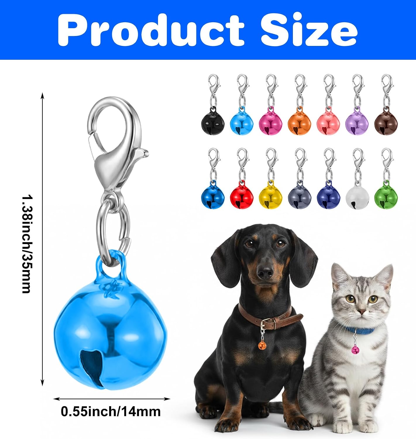 Colorful small pet jingle bells close up showing the secure lobster clasp attachment.