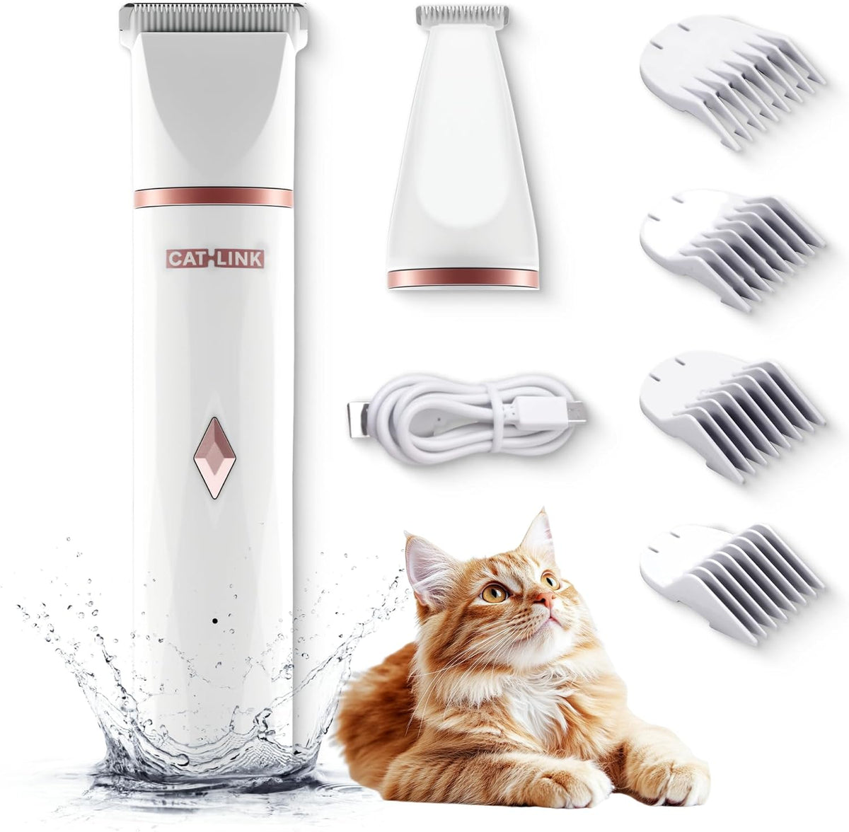 CATLINK waterproof cat clippers front view showing white and rose gold cordless pet grooming shaver.