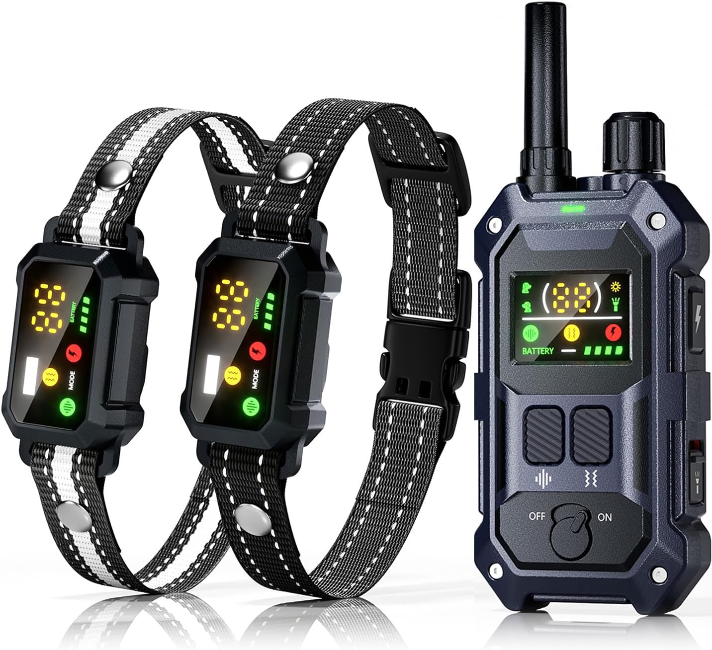 Blackdog military dog shock collar front view showing the blue training receiver and dual digital remote.