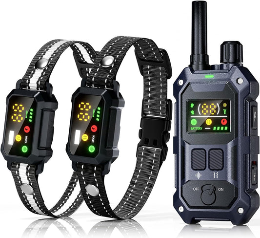 Blackdog military dog shock collar front view showing the blue training receiver and dual digital remote.