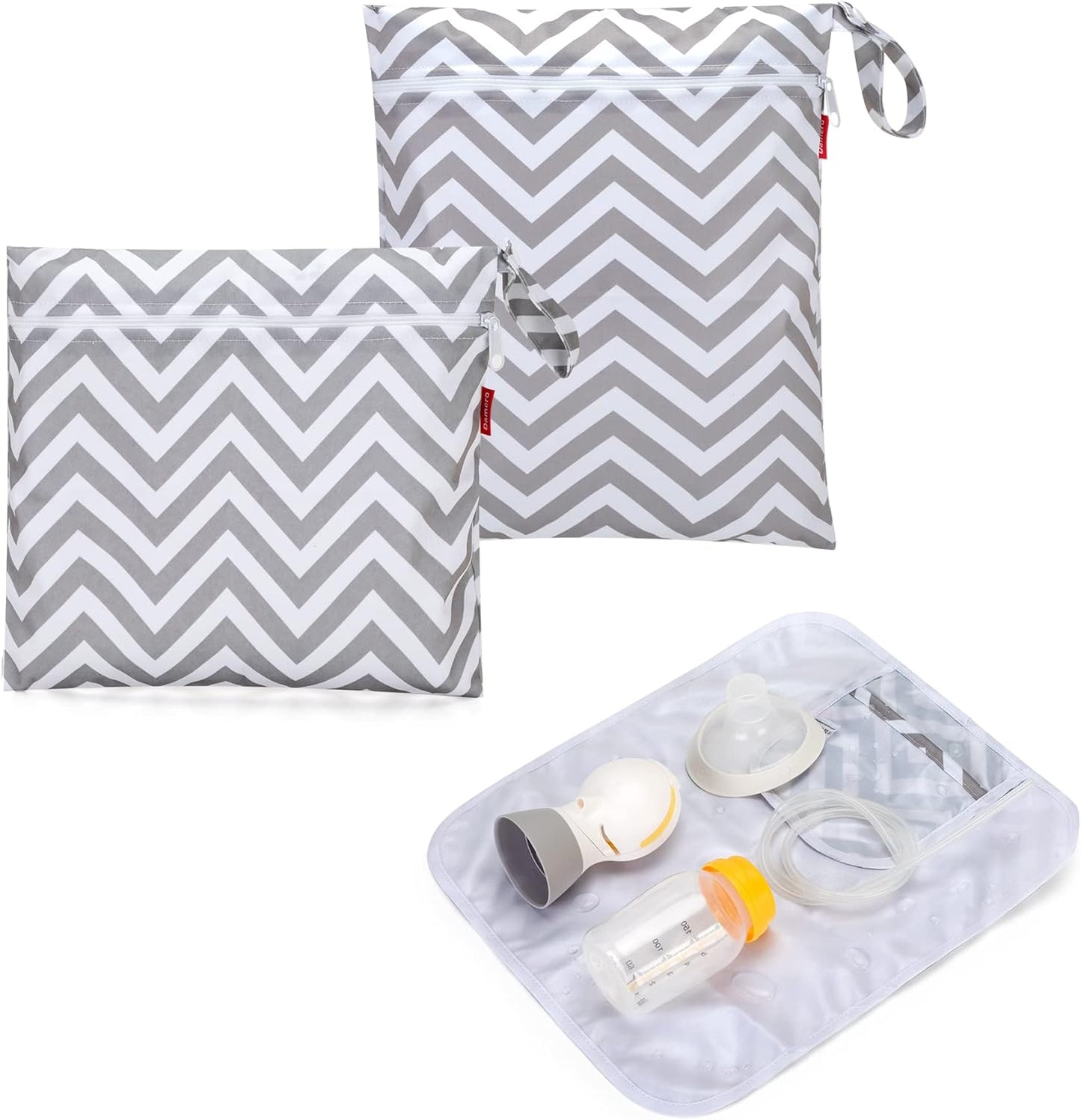 Damero breast pump parts bag front view gray chevron pattern storage pouch for nursing mothers