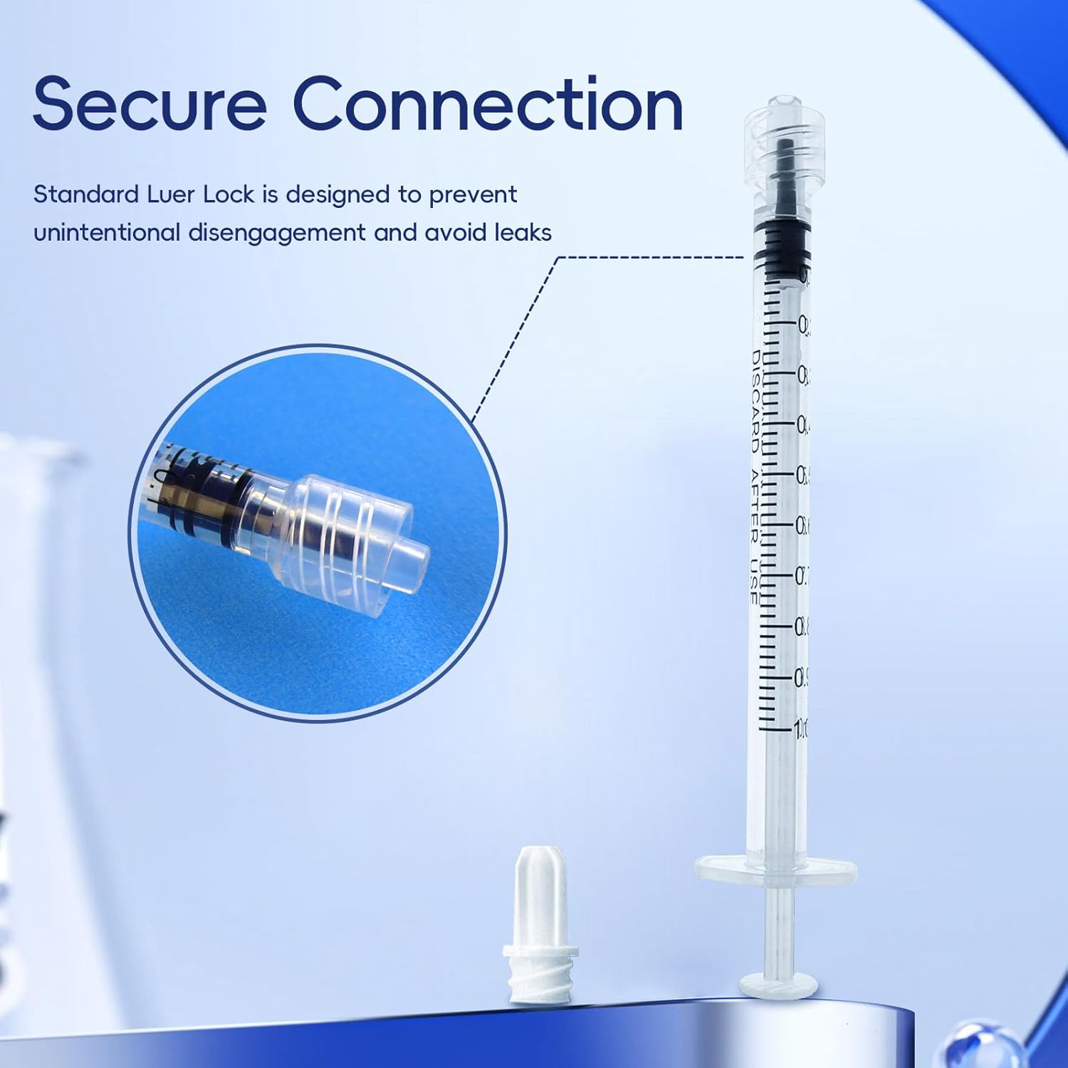 Pack of 50 sterile individually wrapped plastic syringes without needles showcased in clean packaging.