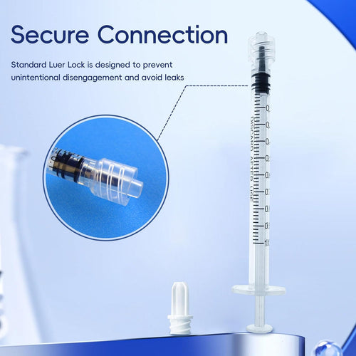 Pack of 50 sterile individually wrapped plastic syringes without needles showcased in clean packaging.