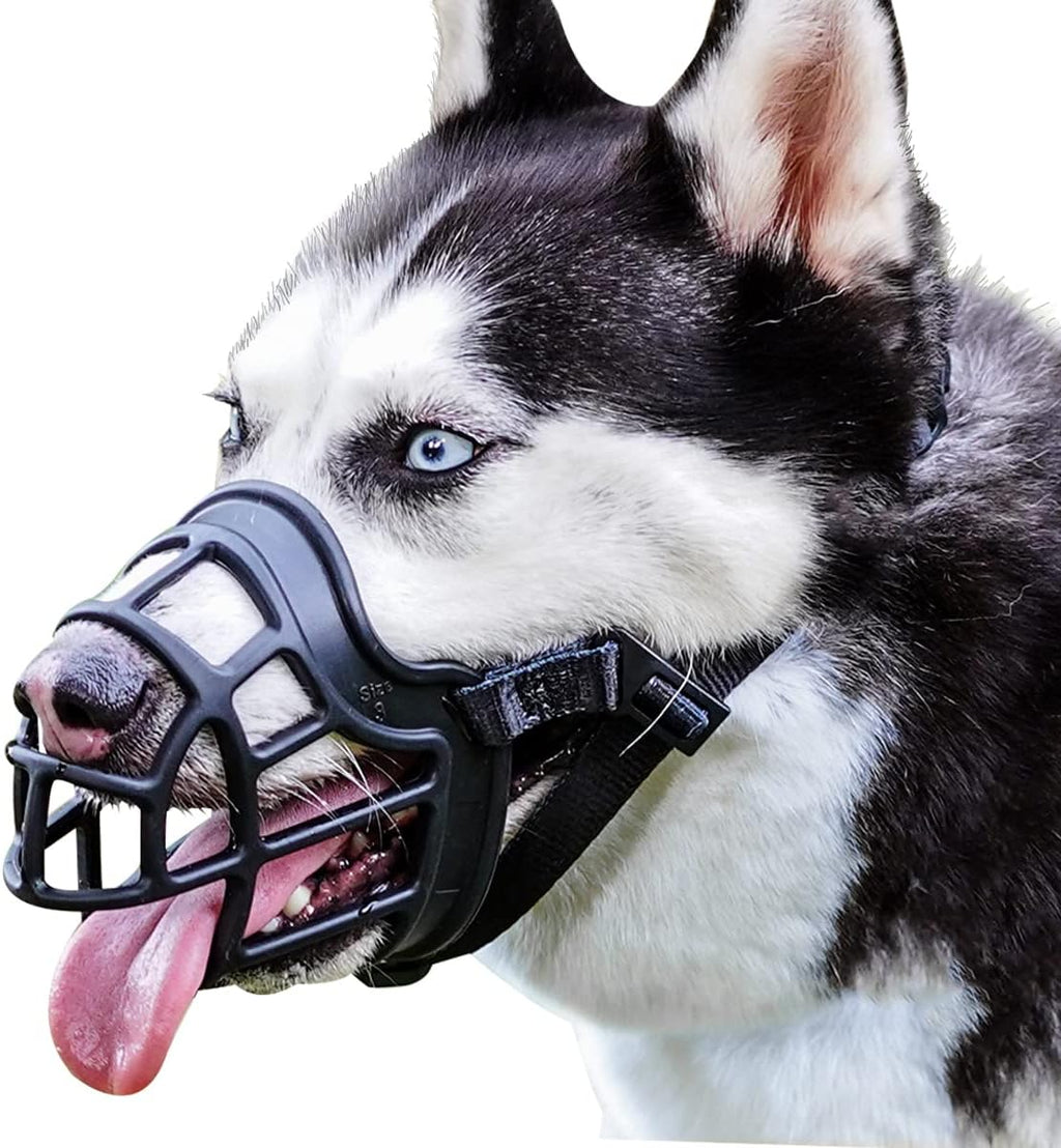 Barkless dog muzzle basket style front view showing black silicone cage structure