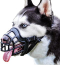 Barkless dog muzzle basket style front view showing black silicone cage structure