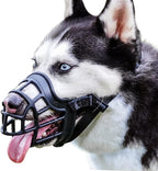 Barkless dog muzzle basket style front view showing black silicone cage structure