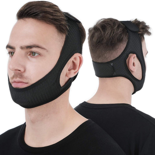Vosaro Anti Snore Chin Strap front view showing the adjustable black mesh design.
