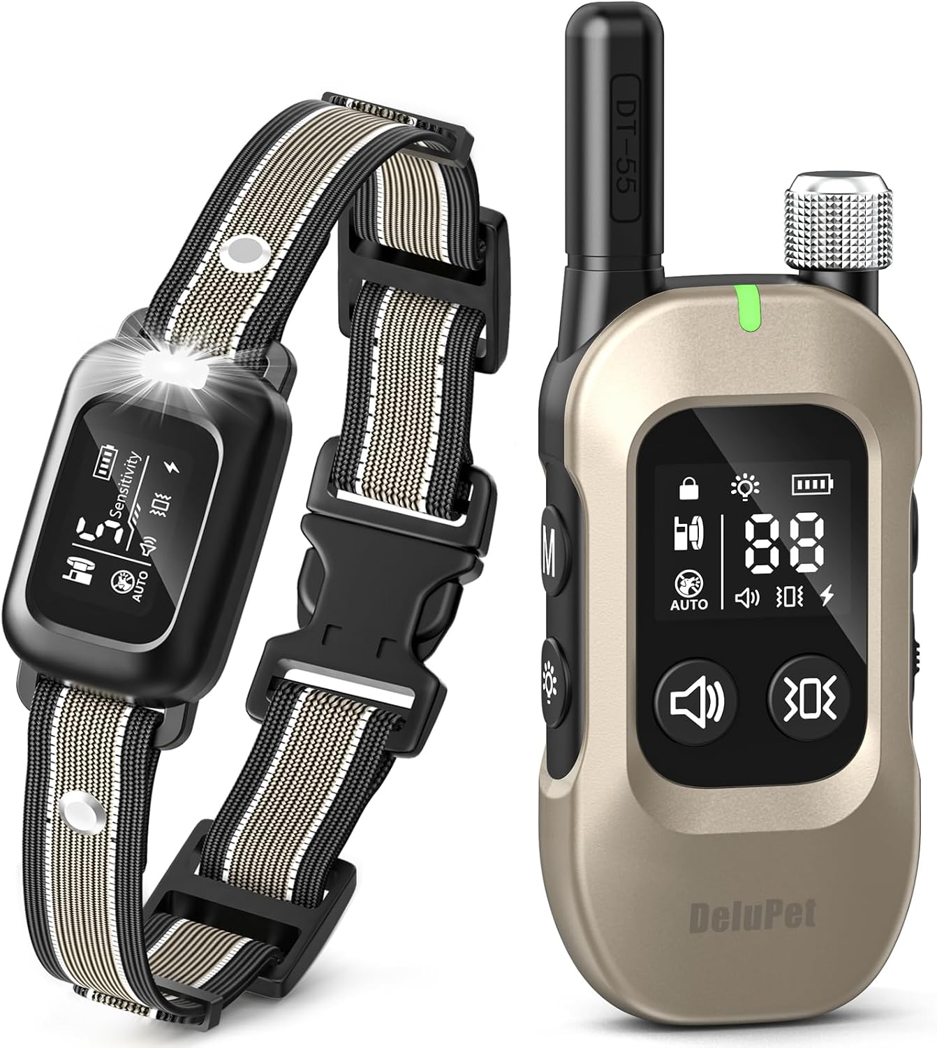 Delupet two in one dog bark and shock collar titanium front view premium pet training device