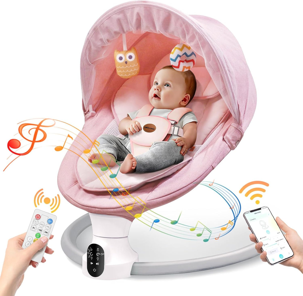 Smelluck electric baby swing pink front view showcasing canopy and seat cushioning.