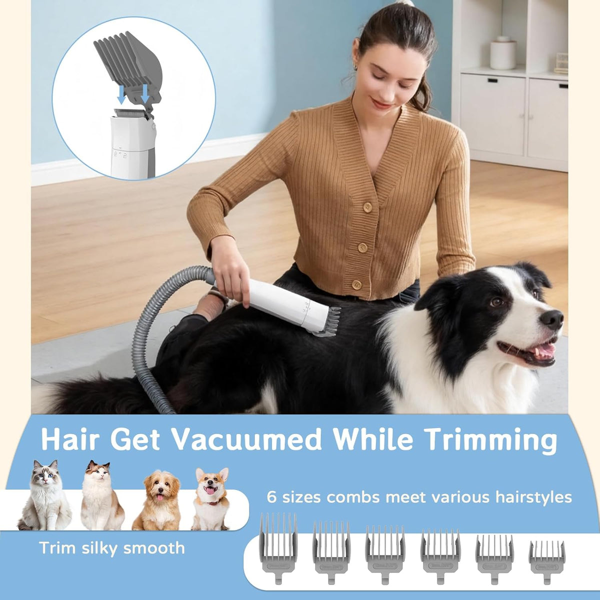 8VR Pet Vacuum Groomer showing the three adjustable low noise suction control levels.