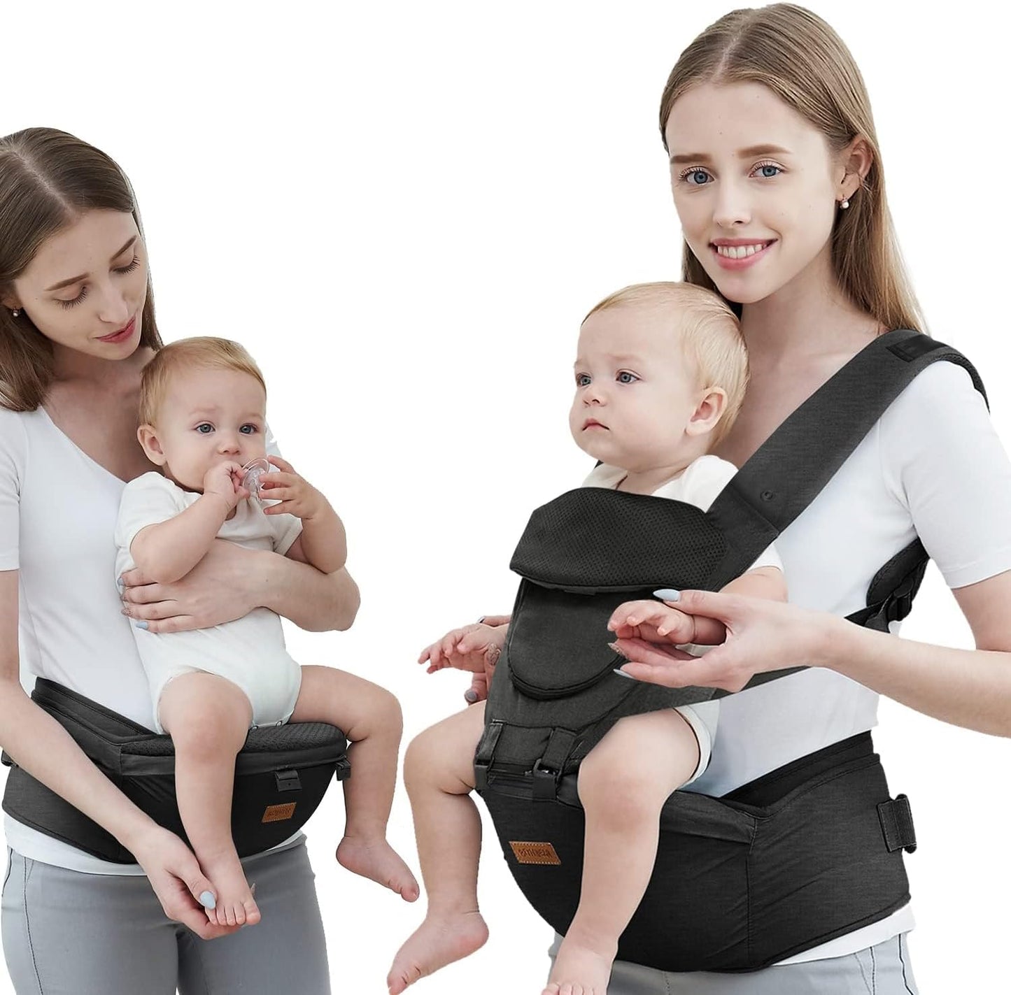 Acumas 6-in-1 baby carrier with hip seat front view black