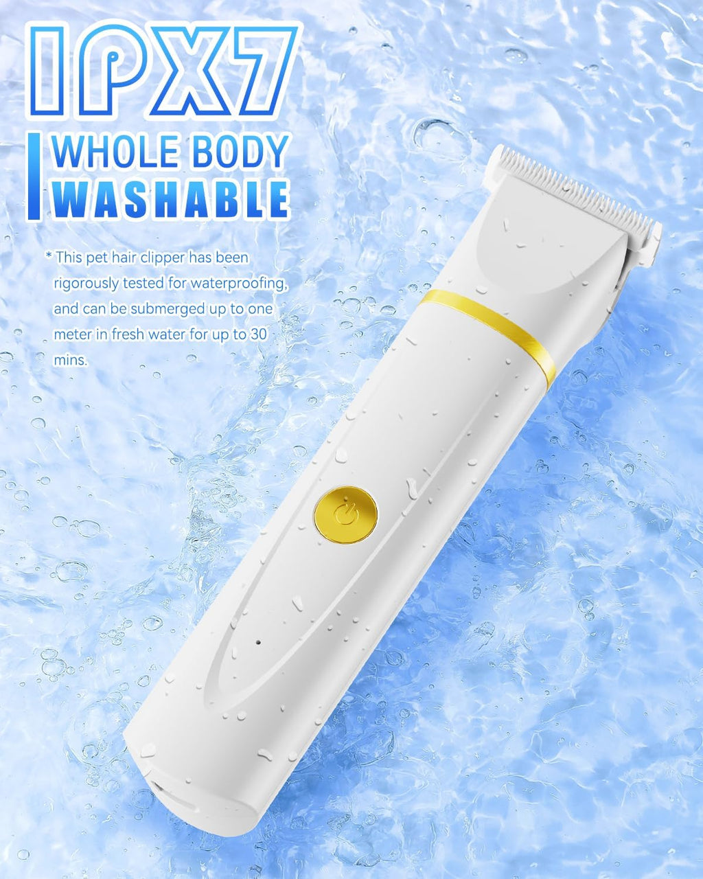 Unibono low noise dog clipper demonstrating the waterproof design under running water.