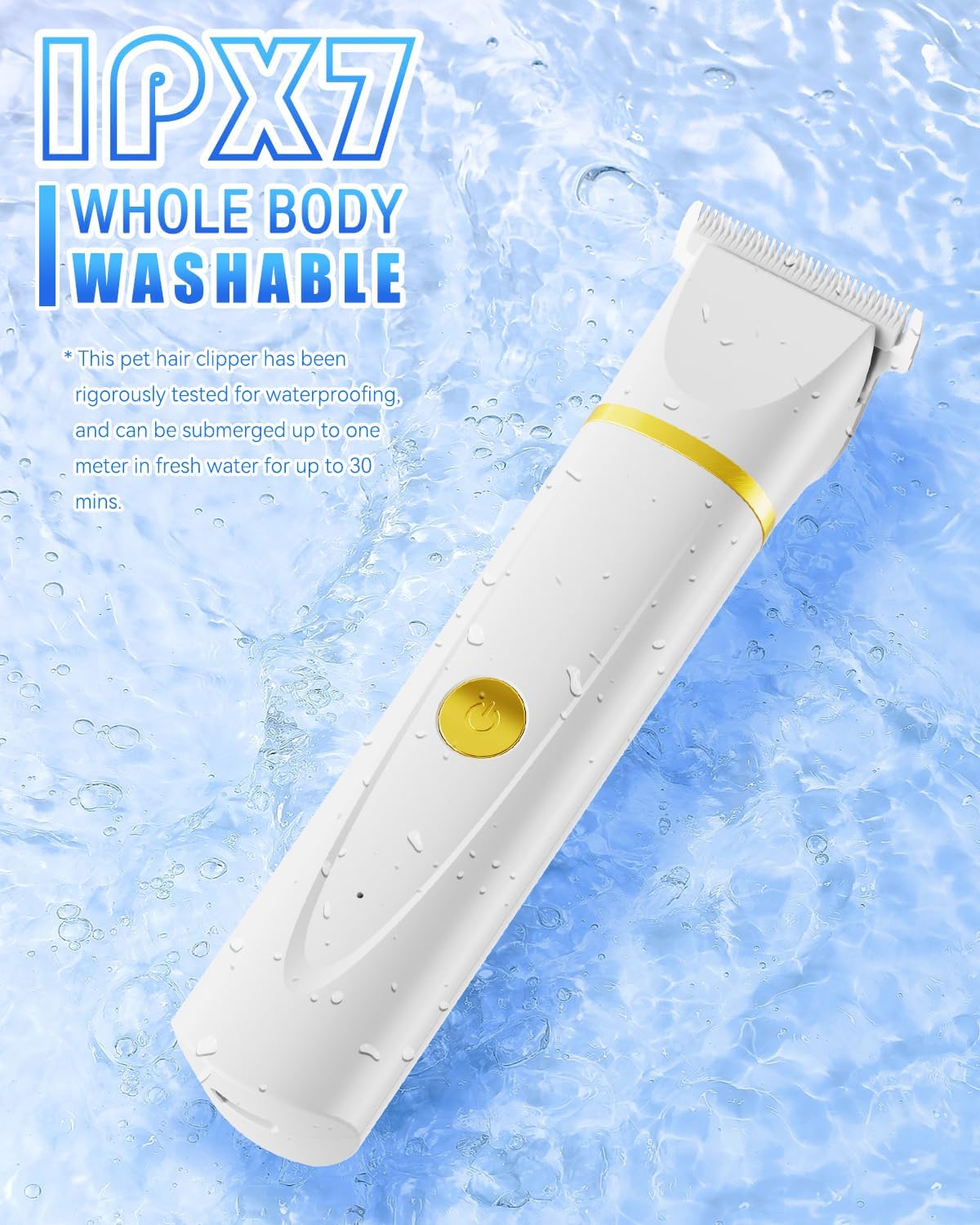 Unibono low noise dog clipper demonstrating the waterproof design under running water.