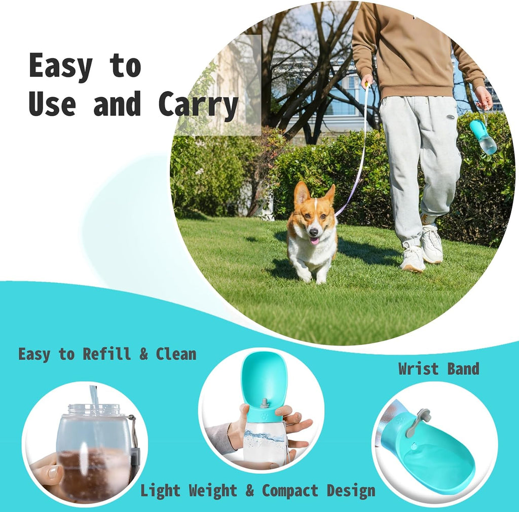 Food grade plastic dog walking water bottle in use during outdoor hiking