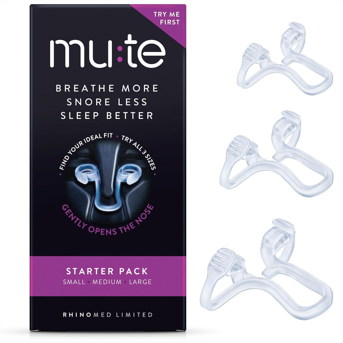 Rhinomed Mute Nasal Dilator Starter Pack front view showing three different sizes for snoring relief.