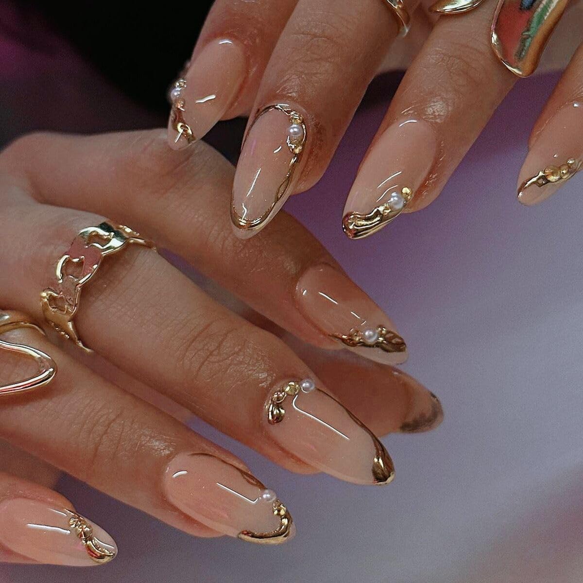 Ctthnbd Almond Press On Nails French Tip Gold Line Front View