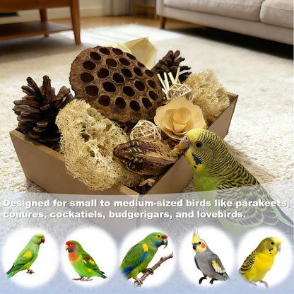 Ten natural eco friendly ingredients inside the PINEPOP avian foraging box.