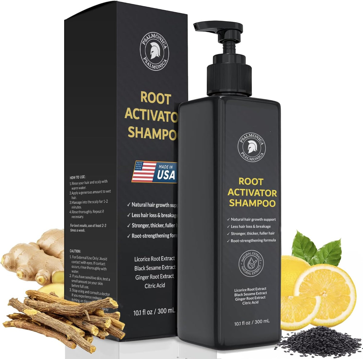 Psalmonica Spartan Root Activator Shampoo front view of bottle and packaging