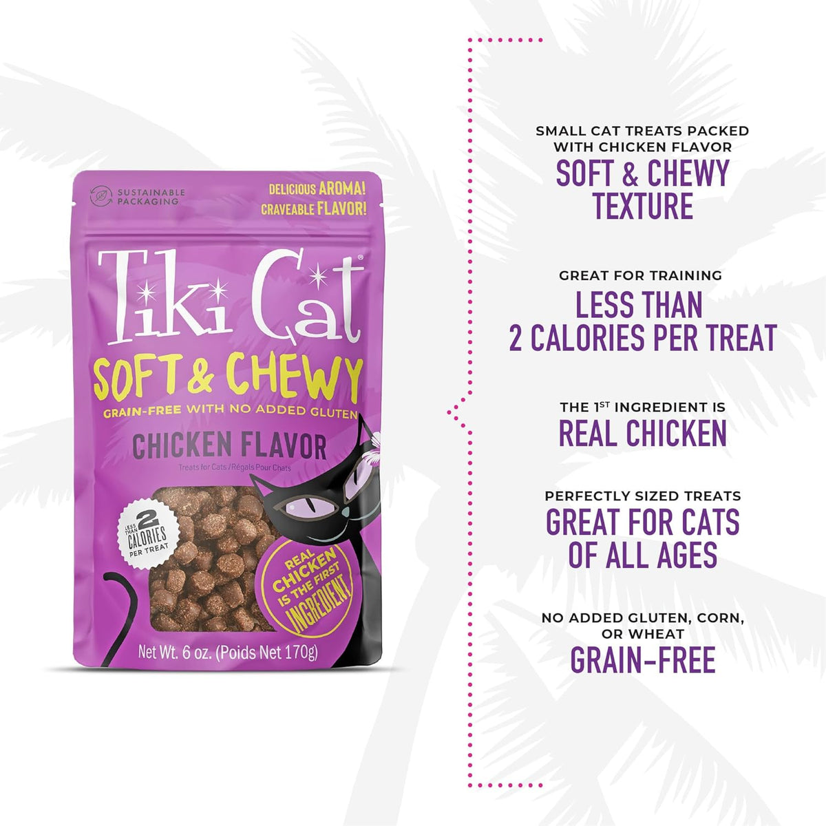Domestic cat eating Tiki Pets soft chicken treat