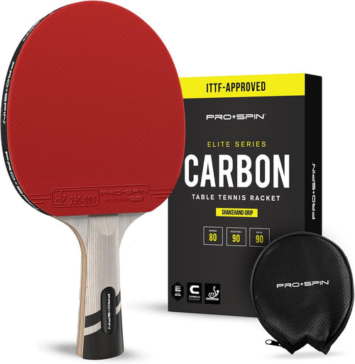 PRO-SPIN Elite Series Pro Carbon table tennis racket front view showcasing the red ITTF approved tournament rubber.
