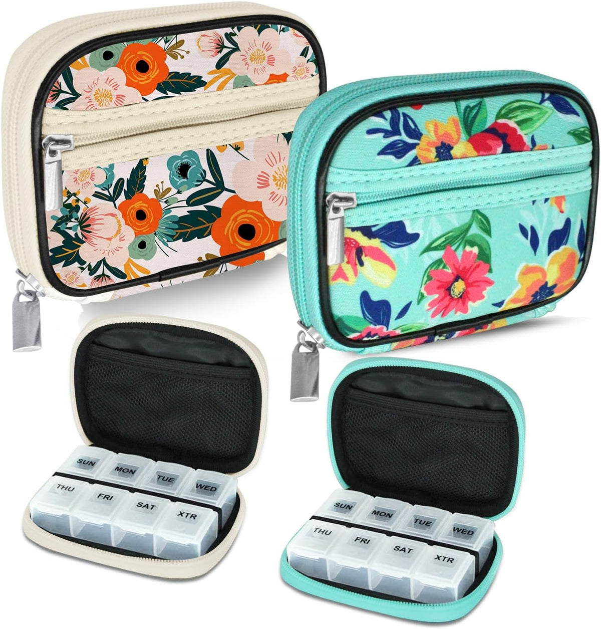Serfeymi Weekly Travel Pill Organizer Bloom Green front view closed zipper case