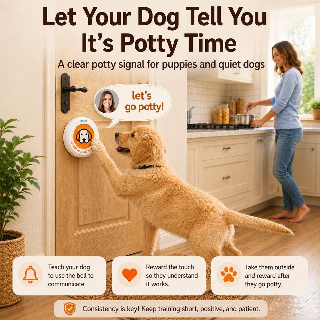 Wireless puppy potty training bell button being pressed by a dog paw