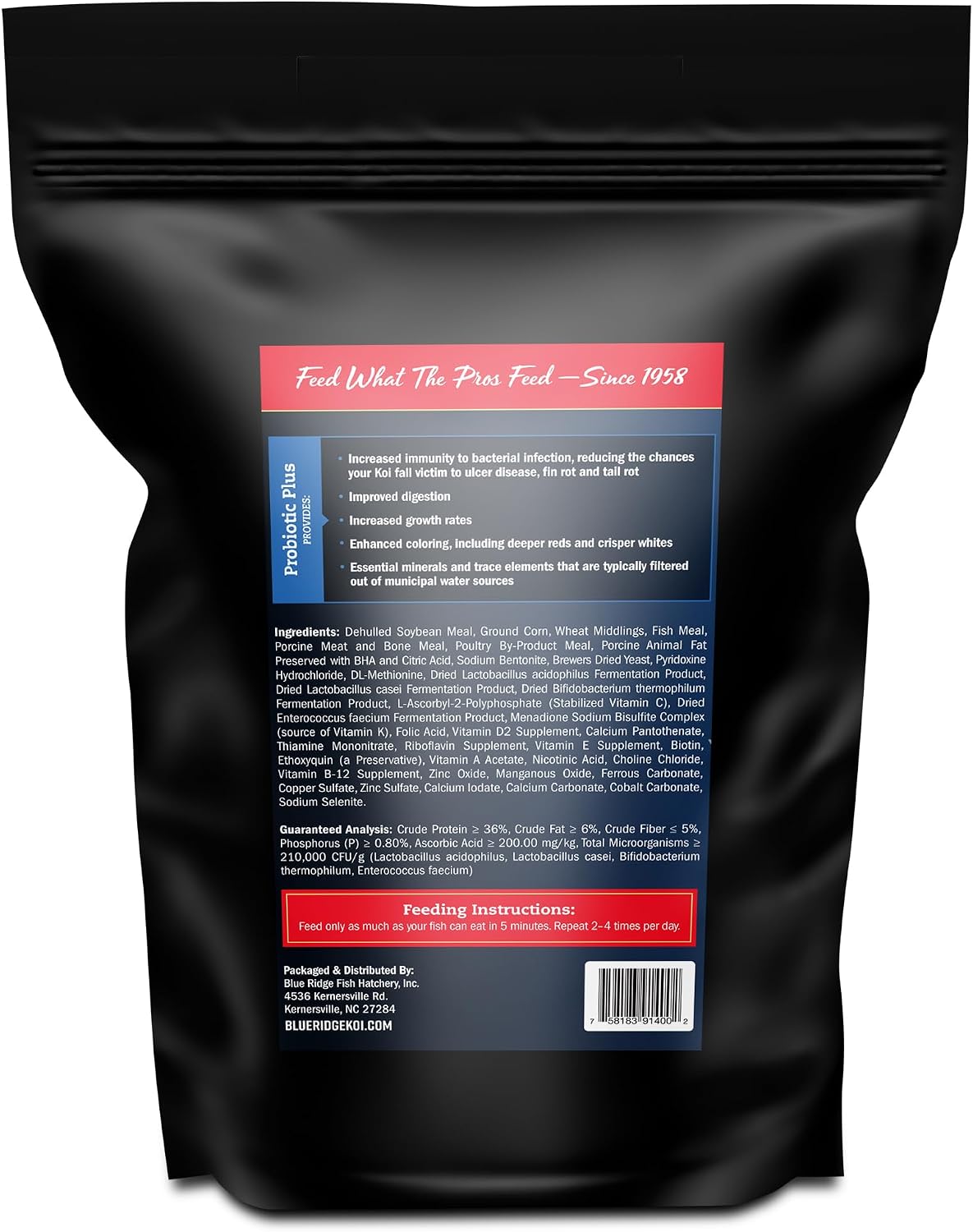 Blue Ridge Fish Hatchery Probiotic Plus fish food front view packaging