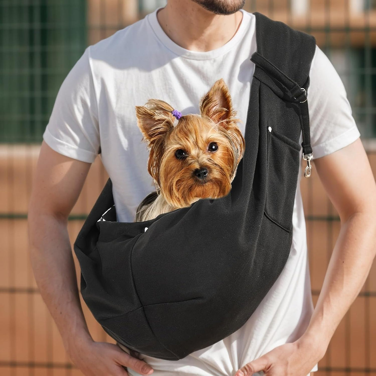 Generic black small dog sling carrier front view