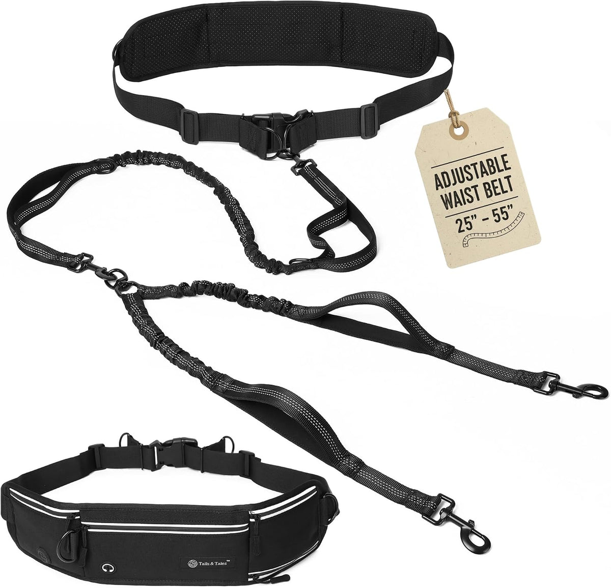 Tails & Tales hands free dog leash front view showing the black lumbar support waist belt and double bungee attachment.