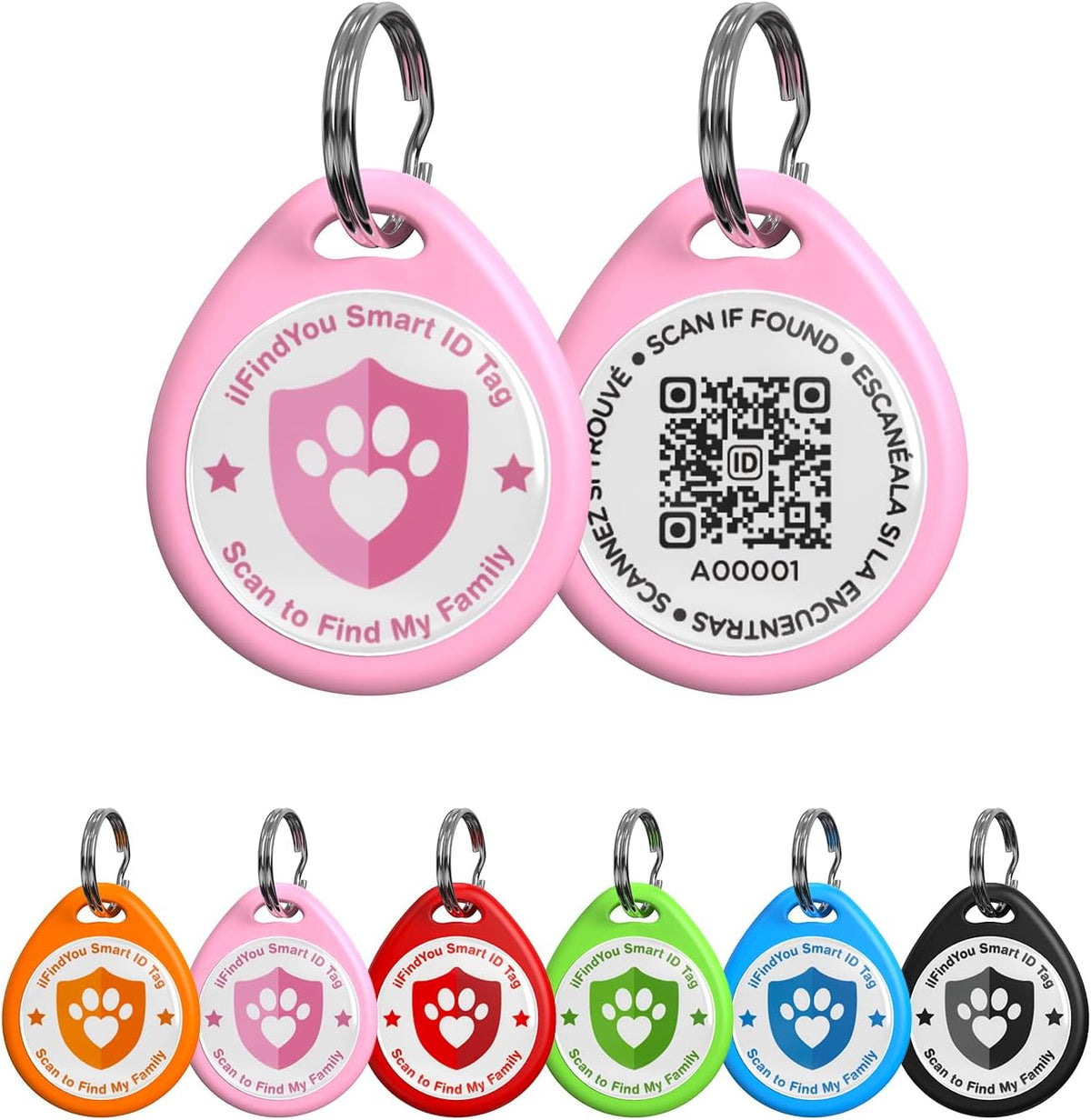 ILFINDYOU QR code pet ID tag front view showing the pink small personalized scanner design.