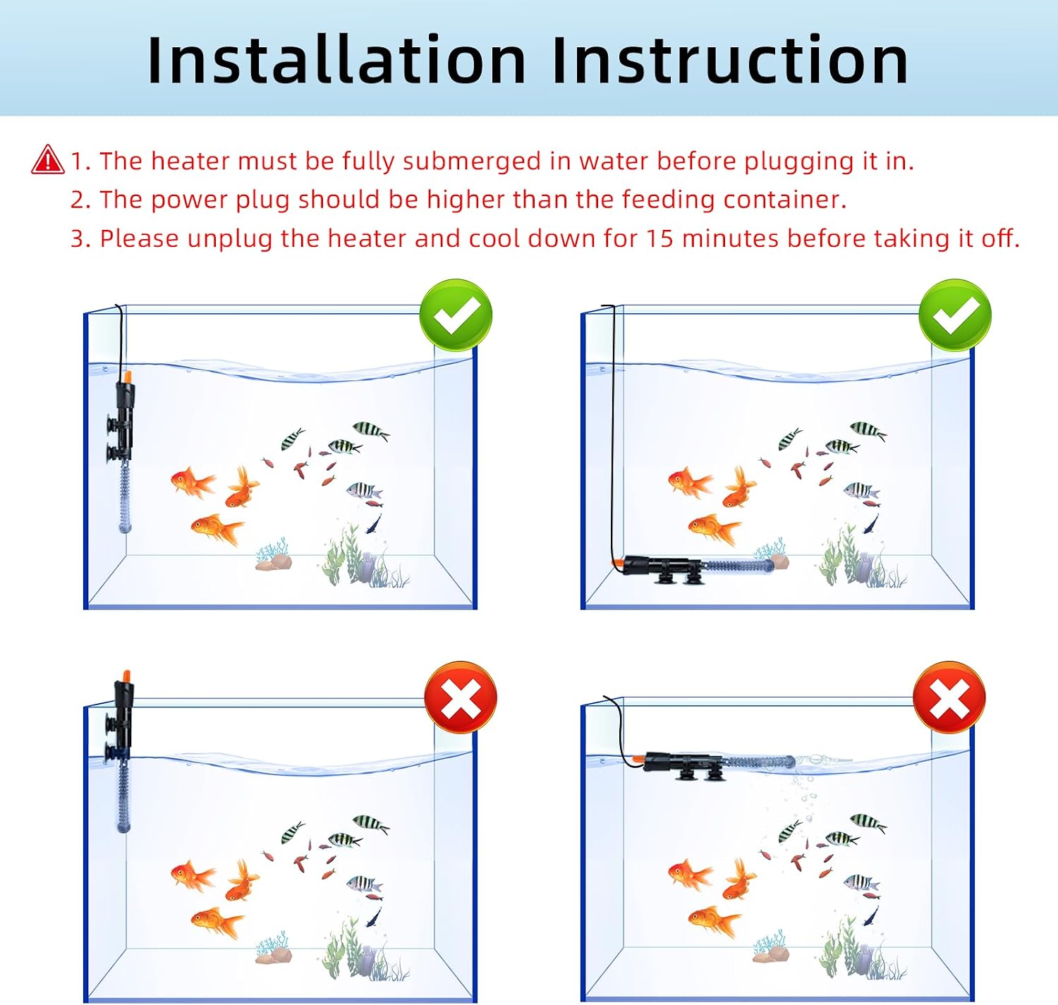Aquarium heater installation in fish tank
