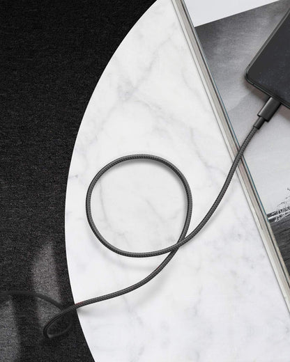 Authentic USA imported Anker double braided nylon cable rolled up neatly with its integrated strap.