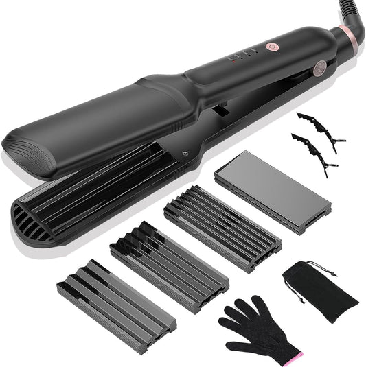 Home Centre 4-in-1 hair crimper set front view showing interchangeable tourmaline ceramic plates for professional styling