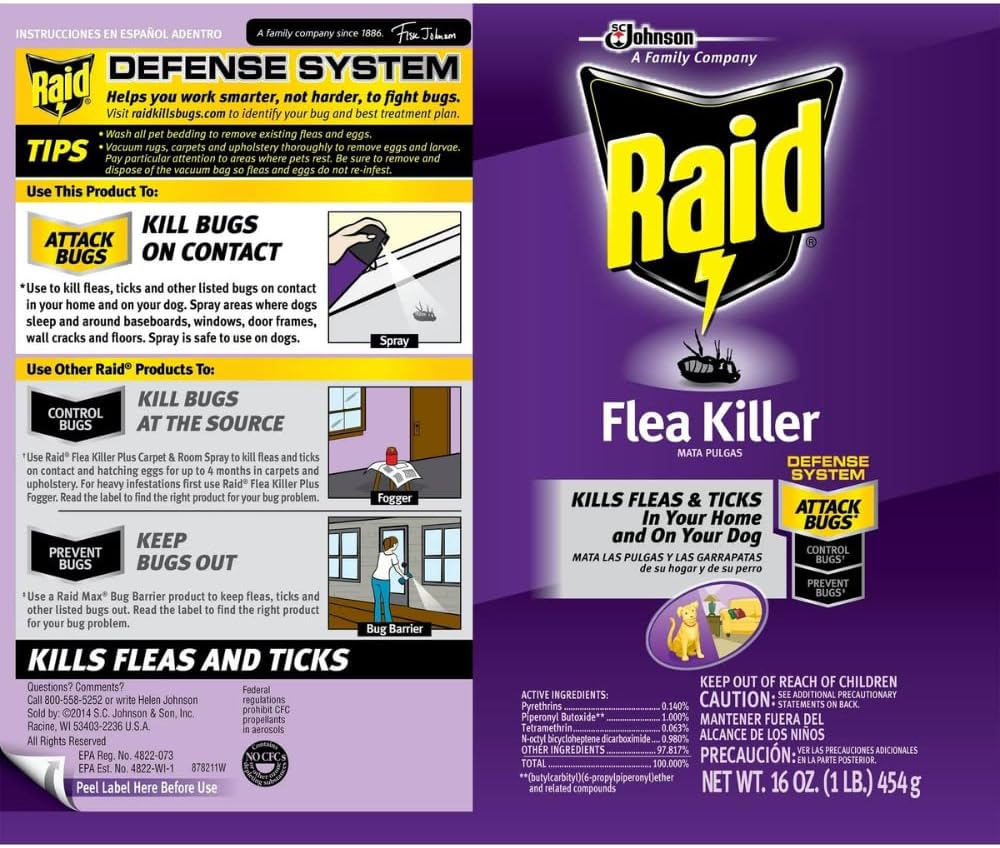 Back label of Raid sixteen ounce flea and tick spray showing usage instructions