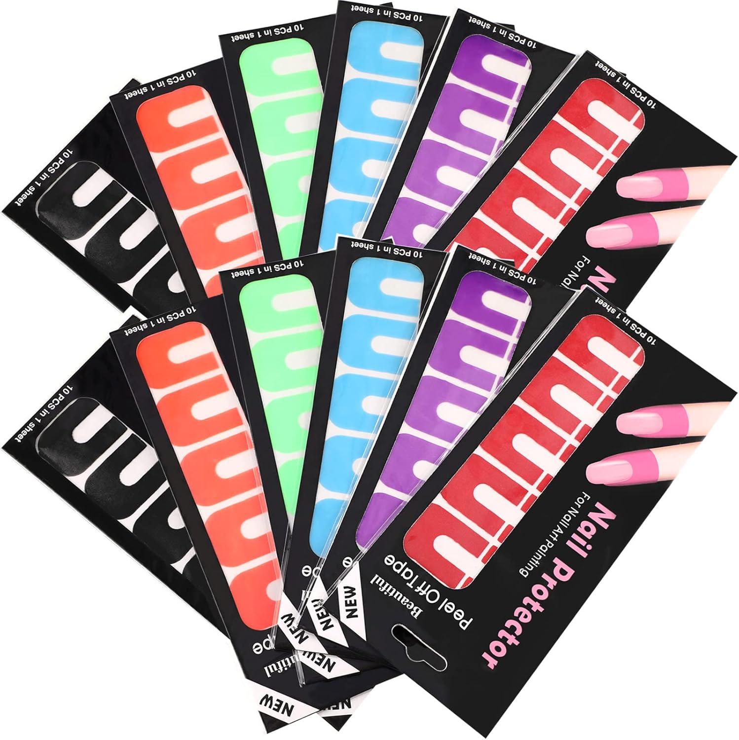 Outus 120 Pieces Nail Polish Protector front view showing multicolored sheets of U-shaped finger guards.