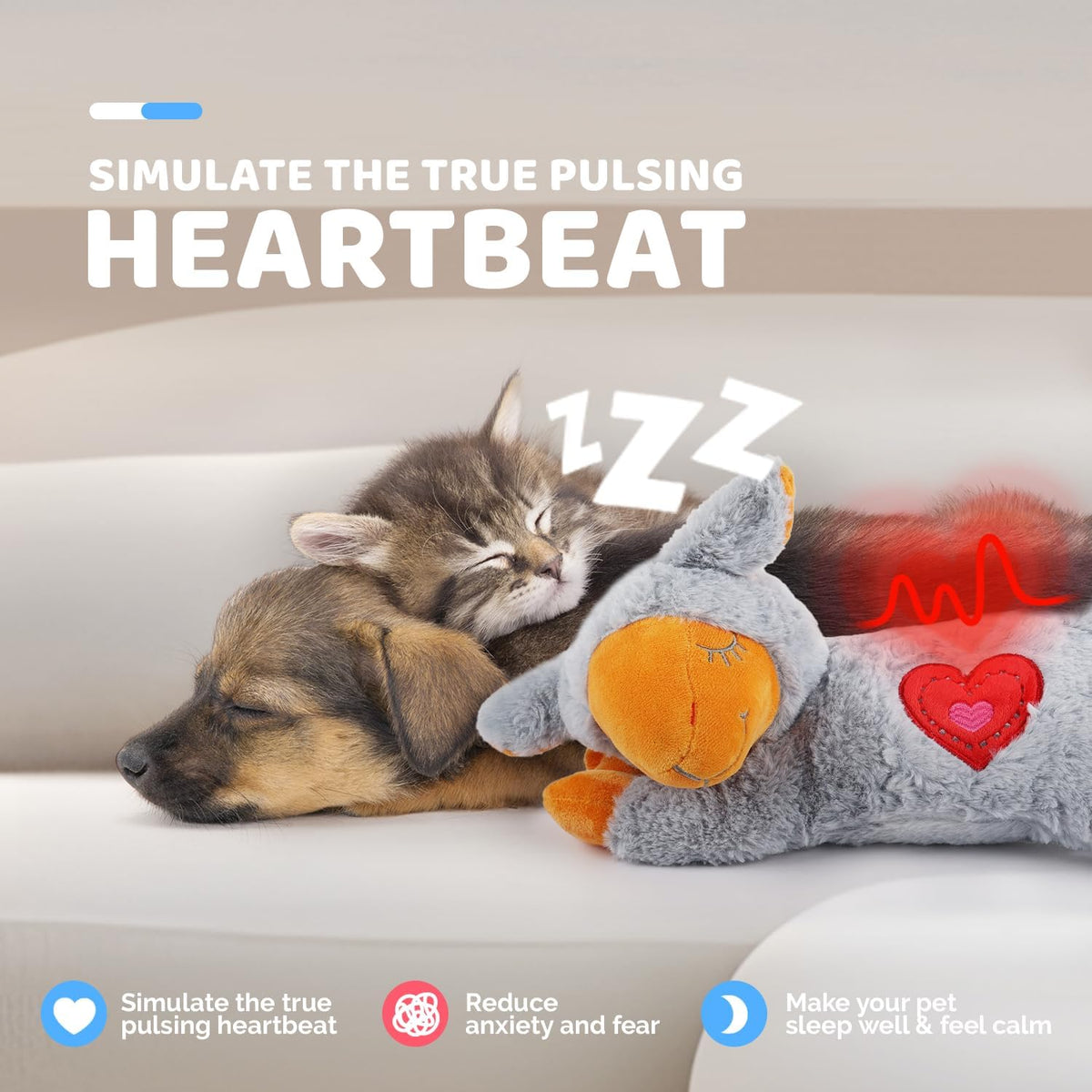 Puppy snuggling with All For Paws heartbeat comfort toy