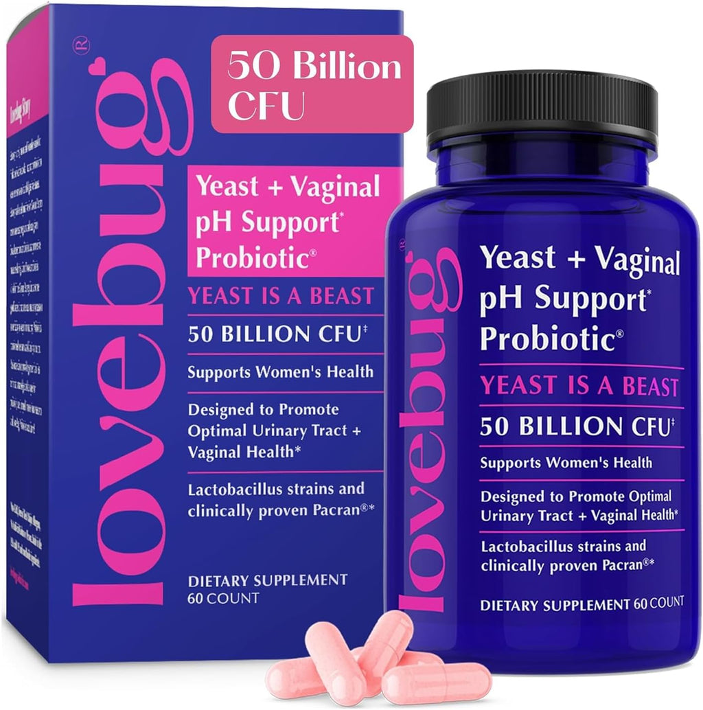 Lovebug Yeast and Vaginal pH Support 60 capsules front bottle view for women's wellness.