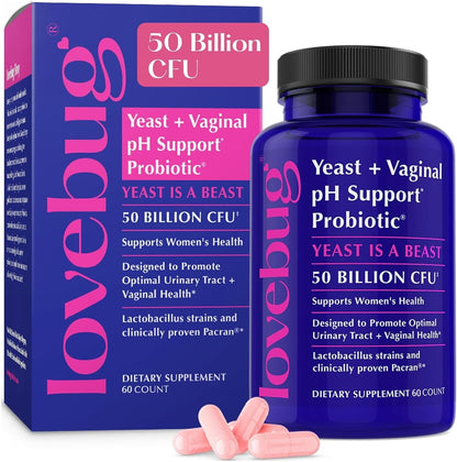 Lovebug Yeast and Vaginal pH Support 60 capsules front bottle view for women's wellness.