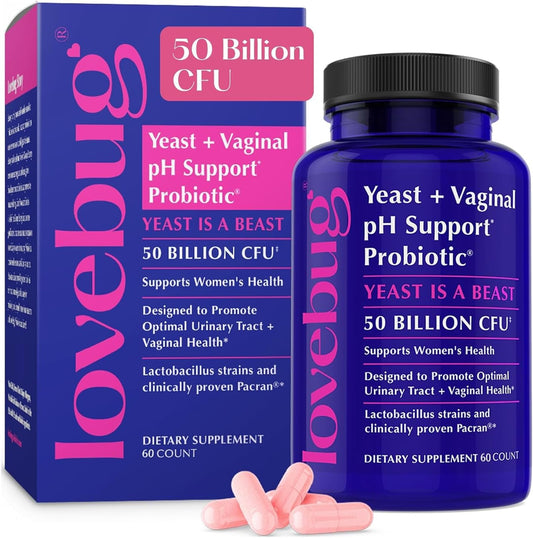 Lovebug Yeast and Vaginal pH Support 60 capsules front bottle view for women's wellness.