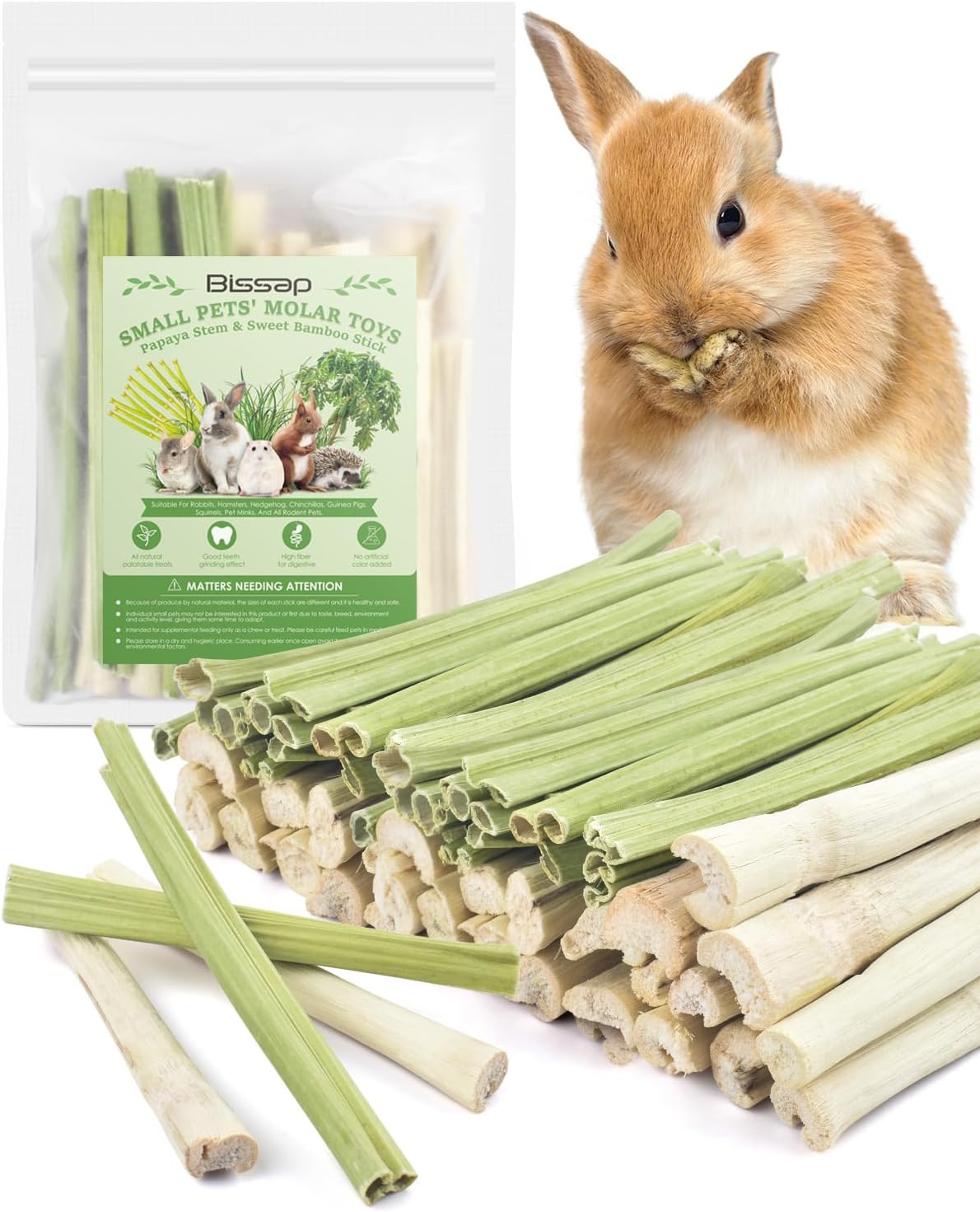 Bissap 40PCS Rabbit Chew Sticks, 20PCS Sweet Bamboo Chew Sticks & 20PCS Papaya Stems Bunny Chews for Rabbit Hamster Chinchilla Guinea Pig Small Animals Natural Molar Treats - Image 9