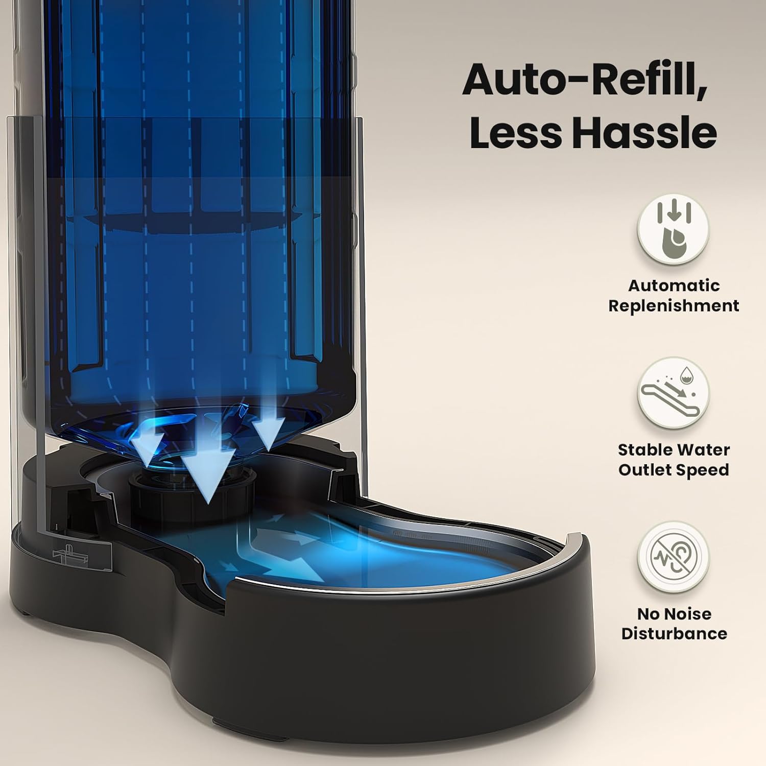 Side view of the non electric automatic pet water fountain with visual water monitoring window